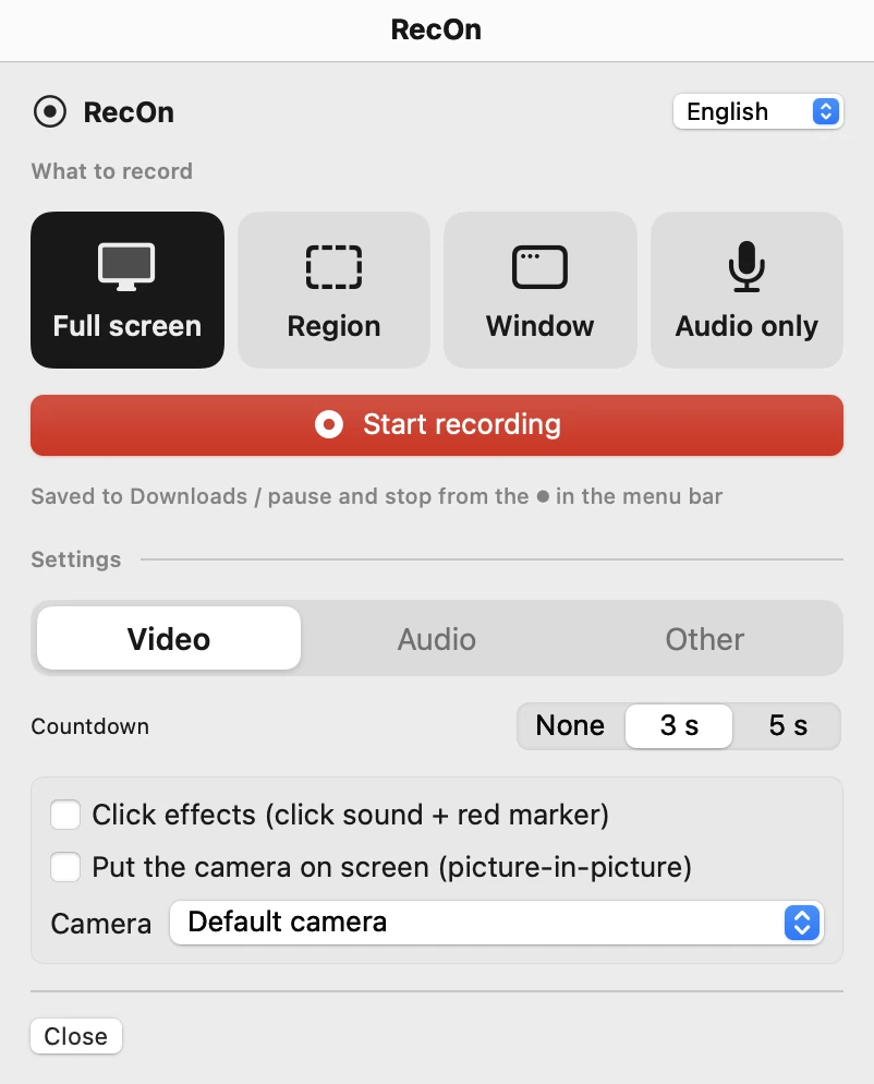 The RecOn panel (Light colors): what to record (full screen, region, window, audio only), Start recording right below it, then the Video, Audio and Other settings tabs, countdown, click effects, camera.