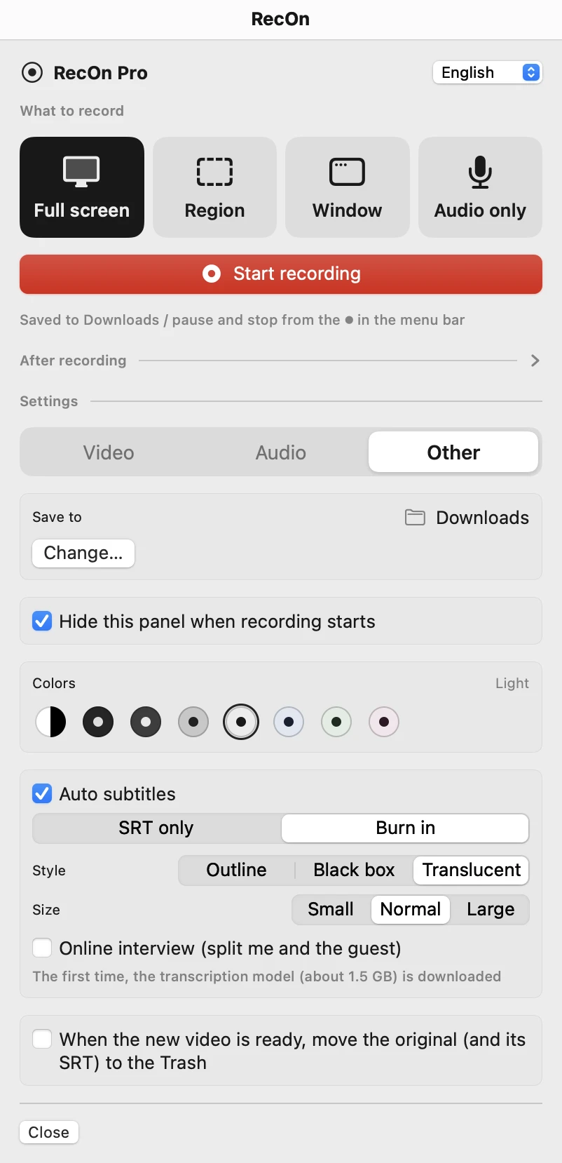 RecOn Pro's Other tab: auto subtitles (SRT only or burn in), subtitle style and size, online interview.